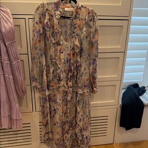 Zimmermann Sheer Floral Maxi Dress in Purple & Cream with Orange Accents SIZE 3